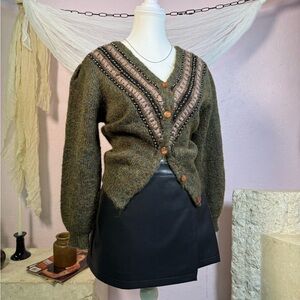 Vintage Mohair Blend Cardigan – Olive Green Beaded Knit Sweater Size Medium